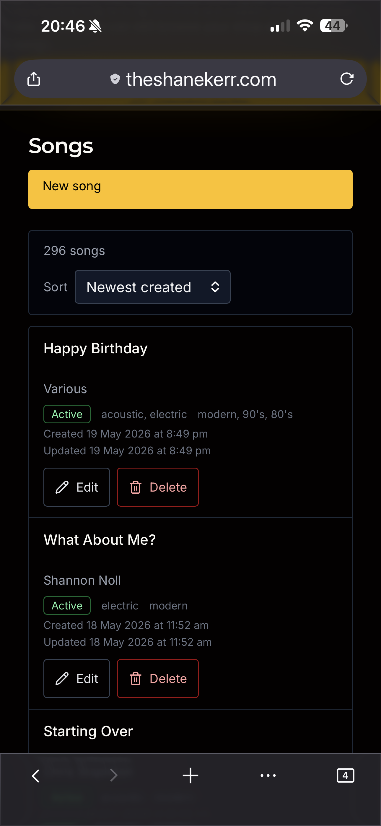 screenshot of songlists