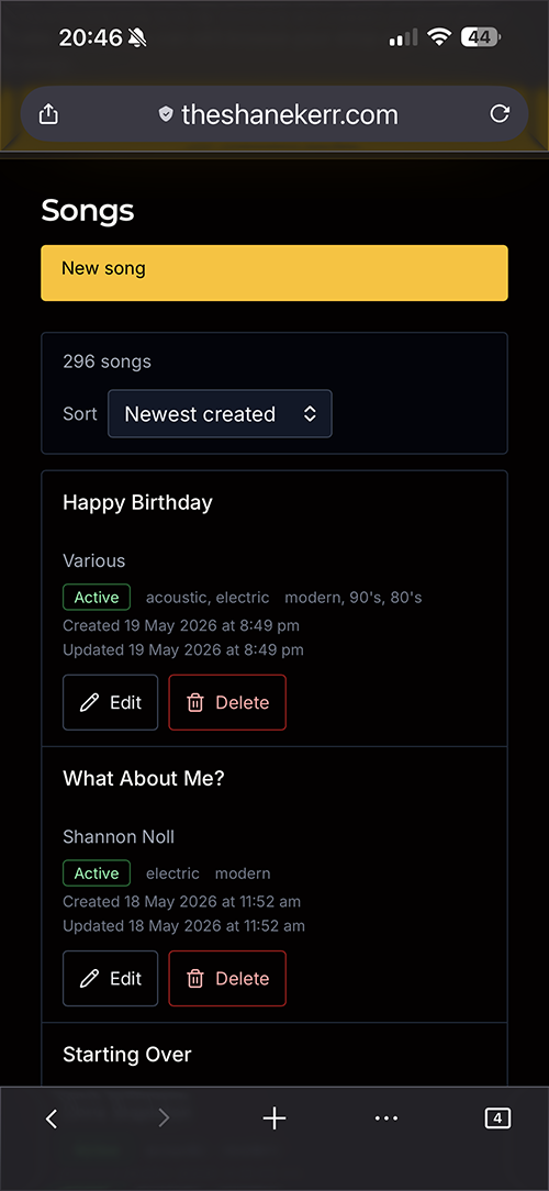 song lists screenshot