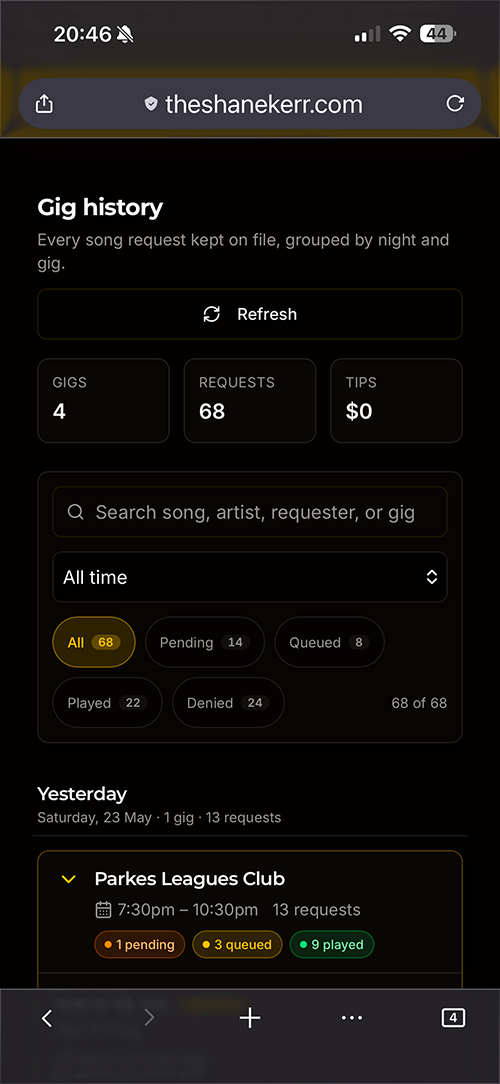 gig history screenshot