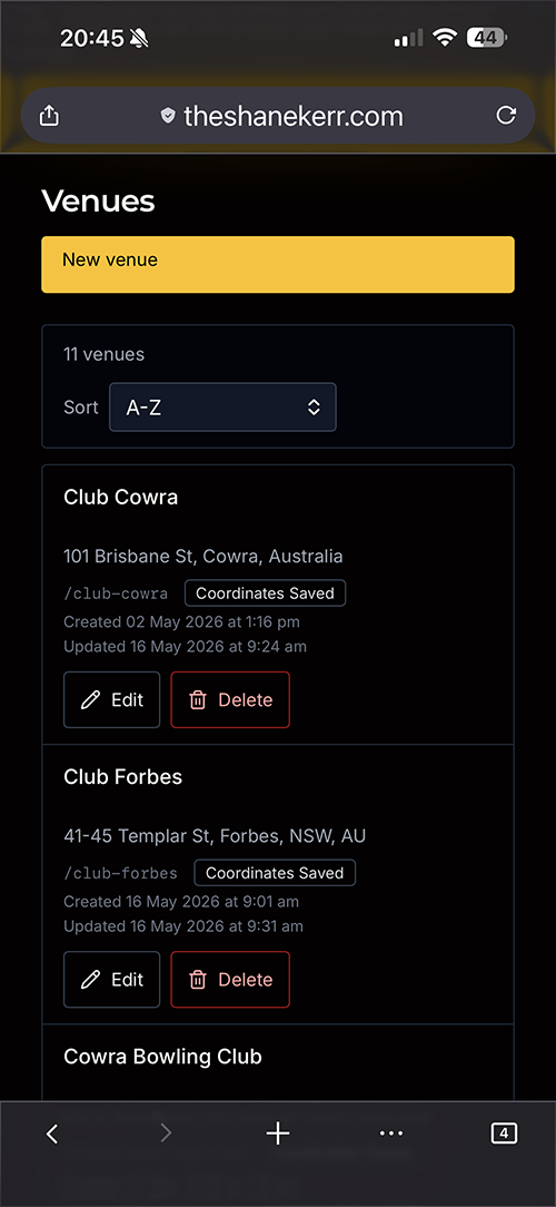 venue list screenshot